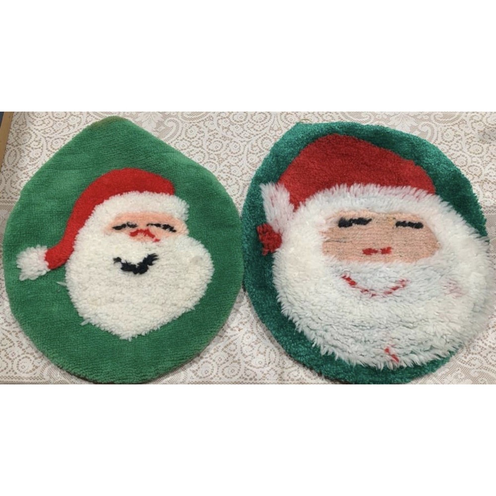 2 Vintage Santa Claus Toilet Seat Cover Hook Rug Fuzzy Christmas